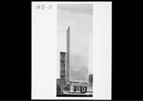 A black and white drawing of a tall building.
