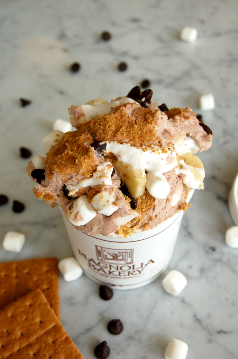 A cup of ice cream with chocolate chips and graham crackers.